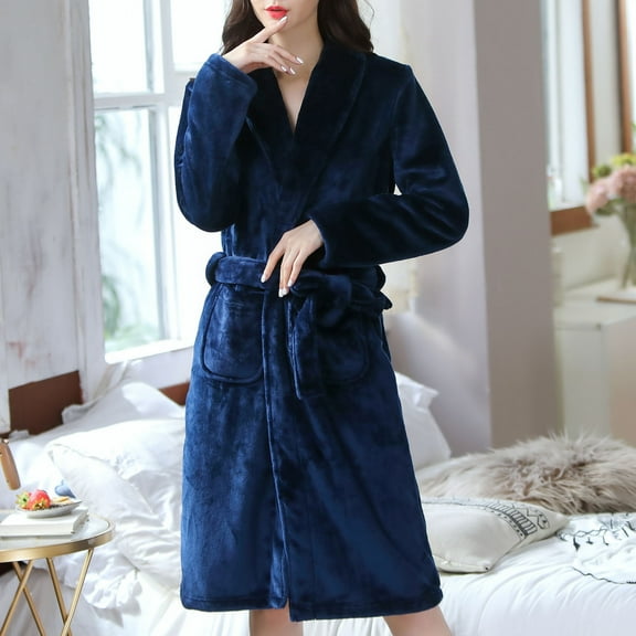 DJDLJWCJ Women's Robe for Women Long Sleeve Soft Bathrobe Fleece Warm Solid Tie Waist Womens Robes, Pajamas Loungewear Navy Free Size