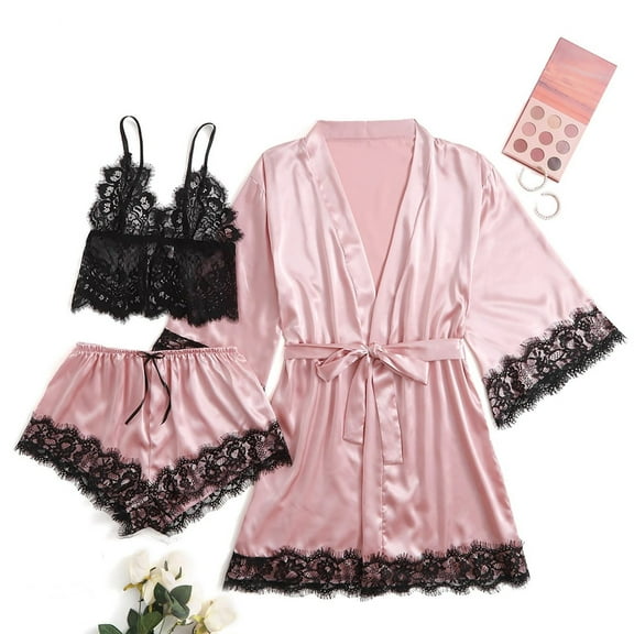 DJDLJWCJ Women's Robes for Women Soft Comfort Womens Lace Long Sleeve Solid V Neck Sleepwear Belt, Pajamas Loungewear Pink L