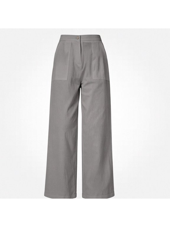 Women's Wide Leg Pants for Women Pull On Pants High Wiast Button Down Pants with Side Pocket Gray Size S