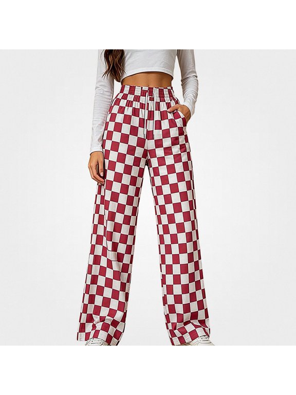 Womens High Waisted Pants Ptint Loose Fit Baggy Pants Wide Leg Casual Trousers Red Size M