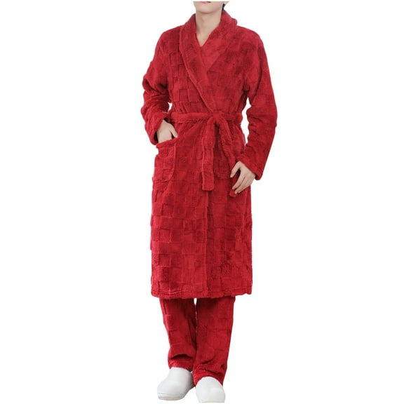 DJDLJWCJ Womens Robe Satin Cardigan Hooded Fleece Bathrobe Long Sleeve Casual Housecoat Nightwear with Belt, Pajamas Loungewear Wine L