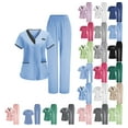 thumbnail image 1 of DJDLJWCJ Womens Scrub Sets 2 Pieces Solid V-Neck Short Sleeve Caregiver Tops Comfy Elastic Waist Long Pants Nurse Uniform A Light Blue S, 1 of 10