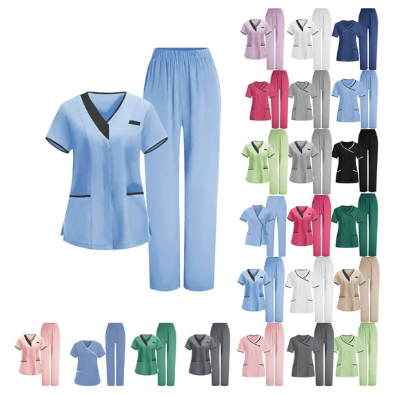 DJDLJWCJ Womens Scrub Sets 2 Pieces Solid V-Neck Short Sleeve Caregiver Tops Comfy Elastic Waist Long Pants Nurse Uniform A Light Blue S