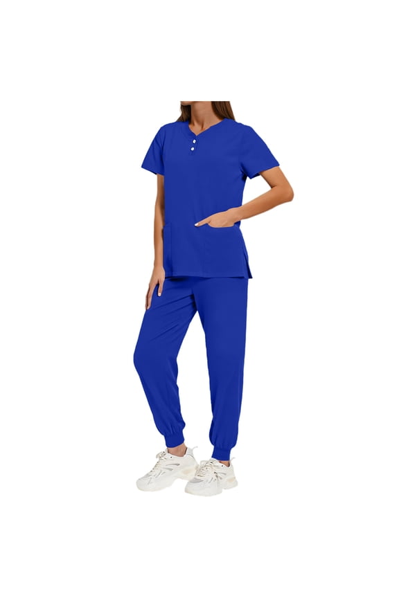 Womens Scrub Sets 2 Pieces V-Neck Short Sleeve Solid Button Tops and Loose Long Pants Nurse Uniform Caregiver Doctor Workwear Blue S