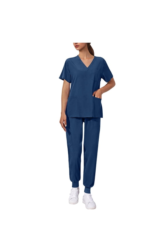 Womens Scrub Sets 2 Pieces V-Neck Short Sleeve Stretch Tops and Loose Long Pants Nurse Uniform Caregiver Doctor Workwear Navy