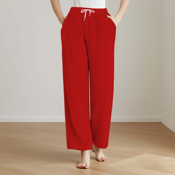 DJDLJWCJ Womens Sleep Lounge Pajamas Elastic Waist Pajamas with Drawstring Women's Home Pants Thick Warm Fleece Lined Loungewear pants Red L