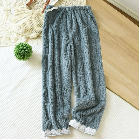 DJDLJWCJ Womens Sleep Lounge Pants Fleece Lined Thick Warm Elastic Waist Open Bottom Pajamas Women's Pajamas Loungewear Baggy Pants Blue M