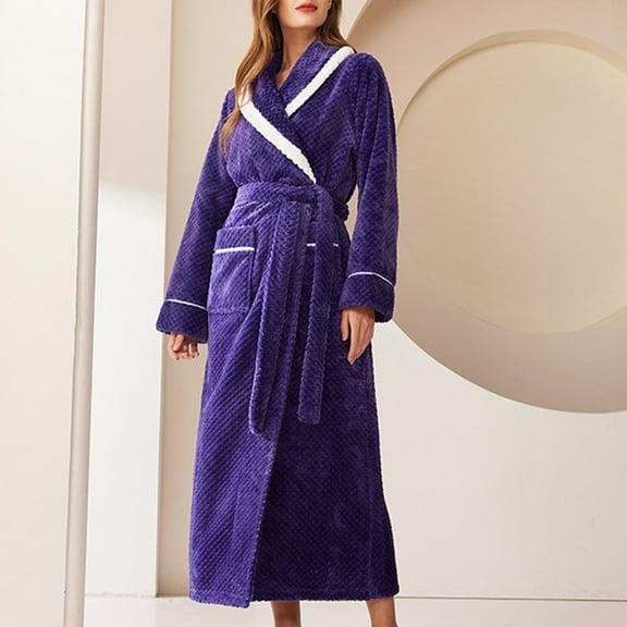 DJDLJWCJ Womens Soft Robe for Women Fleece Long Sleeve Bathrobe Thicken Warm Solid Tie Waist Womens Robes with Pocket, Pajamas Loungewear Purple 3XL