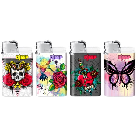 DJEEP Pocket Lighters, TATTOO Collection, 4 Count Pack of Disposable Lighters