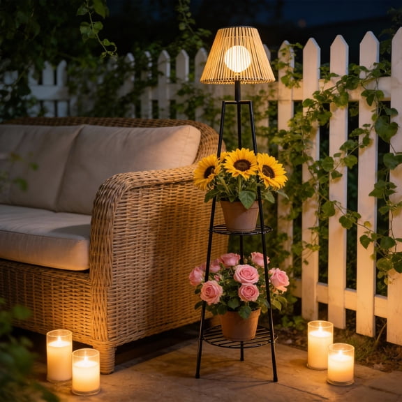 DJGIFI 46.8"" Solar Floor Lamp with Plant Stand - IP44 Waterproof Metal Tripod, Warm White 3000K LED, Auto Dusk to Dawn for Patio, Garden, Porch Decor
