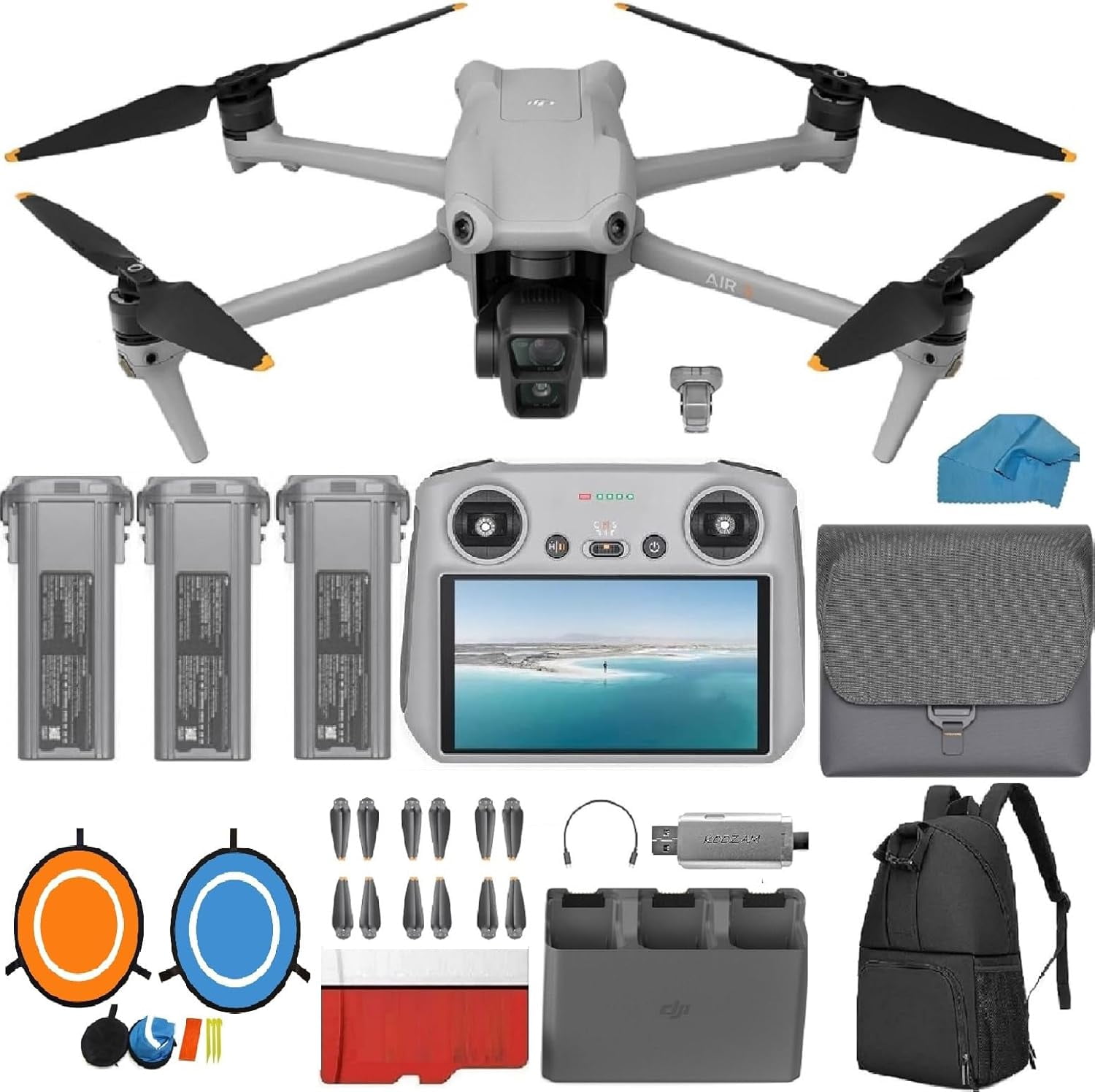 DJI Air 3 Drone Fly More Combo with DJI RC 2 Screen Remote Drone with 4K HDR, 46-Min Max Flight Time, 48MP Bundle with 128 GB Micro SD Card, 3.0 USB Card Reader, Landing Pad, Waterproof Backpack
