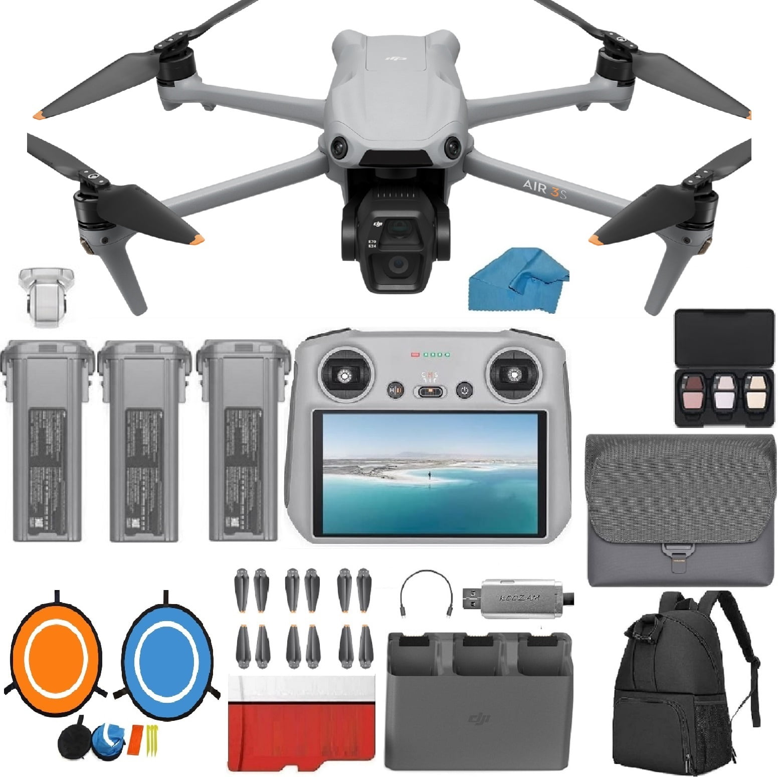 DJI Air 3S Drone Fly More Combo with DJI RC 2 Screen Remote Drone with 4K HDR, 46-Min Max Flight Time, 48MP Bundle with 128 GB Micro SD Card, 3.0 USB Card Reader, Landing Pad, Waterproof Backpack