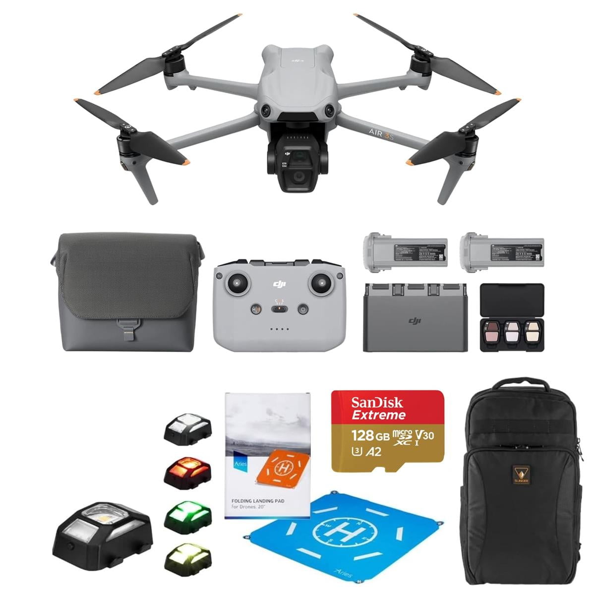 DJI Air 3S Drone Fly More Combo with RC-N3 Remote Controller, Bundle with 128GB Memory Card, Strobe Light, Landing Pad Pro and Backpack