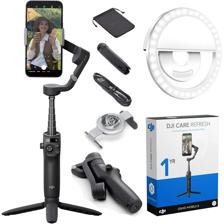 DJI CP.OS.00000213.01 Osmo Mobile 6 Smartphone Gimbal Stabilizer Bundle  with DJI Care Refresh 1-Yr Plan for DJI Osmo Mobile 6 and Deco Essentials  Professional LED Cordless Smartphone Ring Light 