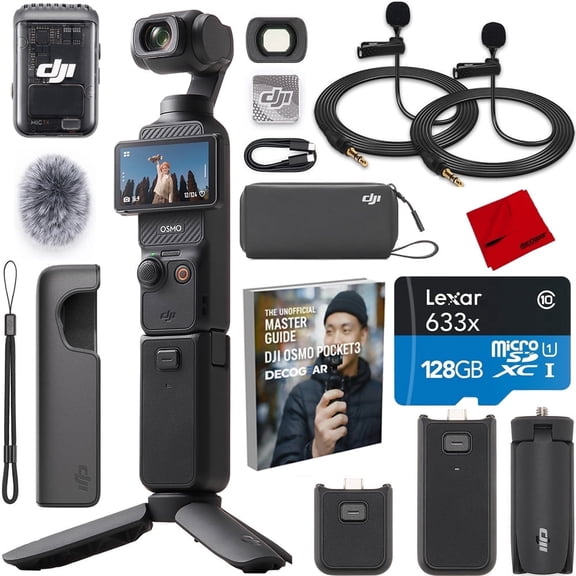 DJI CP.OS.00000302.01 Osmo Pocket 3 Creator Combo 4K 120fps Handheld 3-Axis Gimbal Bundle with 128GB microSDHC Card, 2x Clip-On Mini Lapel Mic, Cleaning Cloth & Deco Gear Unofficial Master Guide