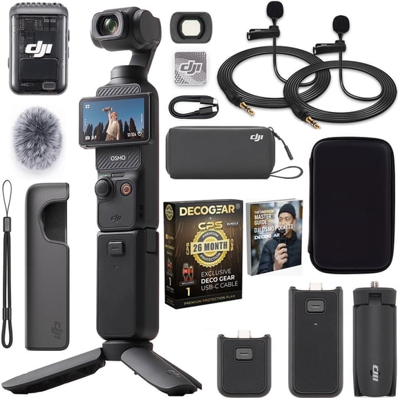 DJI CP.OS.00000302.01 Osmo Pocket 3 Creator Combo 4K 120fps Handheld 3-Axis Gimbal Bundle with CPS 26 Month Protection Pack, 2x Clip-On Mini Lapel Mic, 10" Case, HDMI Cable and Deco Gear Master Guide