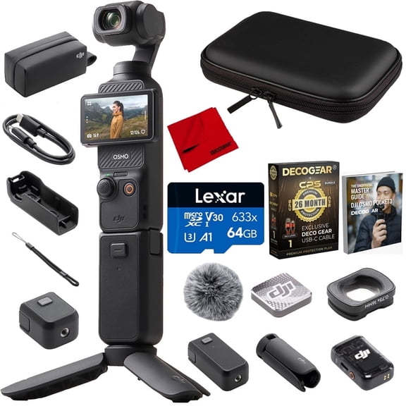 DJI CP.OS.00000302.01 Osmo Pocket 3 Creator Combo 4K 120fps Handheld 3-Axis Gimbal Bundle with CPS 26 Month Protection Pack, 64GB Card, 10" Case, HDMI Cable, Cleaning Cloth and Deco Gear Master Guide