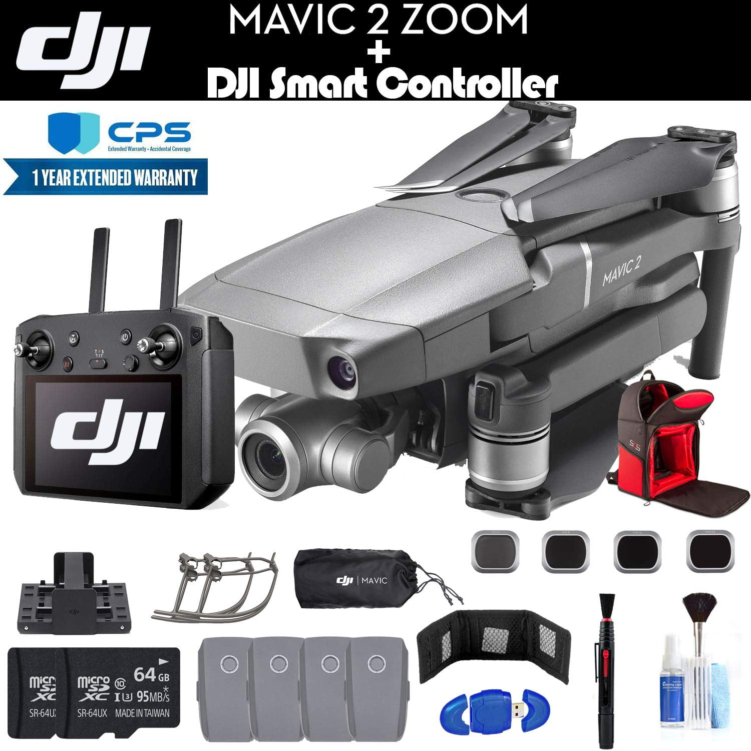 DJI Mavic 2 Zoom with Smart Controller With 64GB Memory Card 2 Extra Batteries Charging Hub Propeller Guard Extended Warranty and More 2 Battery