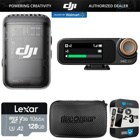 DJI Mic 2 (1 TX + 1 RX) Wireless Microphone with Intelligent Noise Cancelling CP.RN.00000327.01 Bundle with Lexar 128GB microSDXC Memory Card, Deco Gear 7" Hard Case and 3 Year Extended Warranty