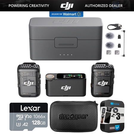 DJI Mic 2 (2 TX + 1 RX + Charging Case) All-in-one Wireless Microphone CP.RN.00000325.01 Bundle with Lexar 128GB microSDXC Memory Card, Deco Gear 7" Hard Case and 3 Year Extended Warranty