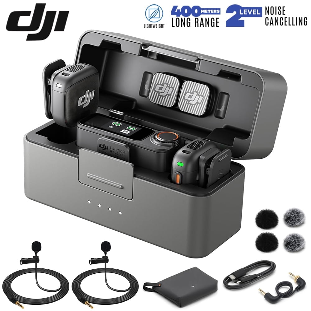DJI Mic 3 (2 TX + 1 RX + Charging Case) Advanced Mini Wireless Microphone CP.RN.00000480.01 Bundle with 2x Deco Essentials 3.5mm Computer Clip-On Mini Lapel Mic