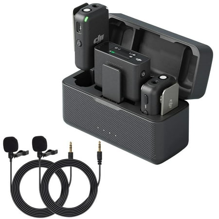 DJI Mic Dual-Transmitter Compact Digital Wireless Microphone System/Recorder for Camera & Smartphone (2.4 GHz) Bundle with, 2X Turnstile Omnidirectional Condenser Lavalier