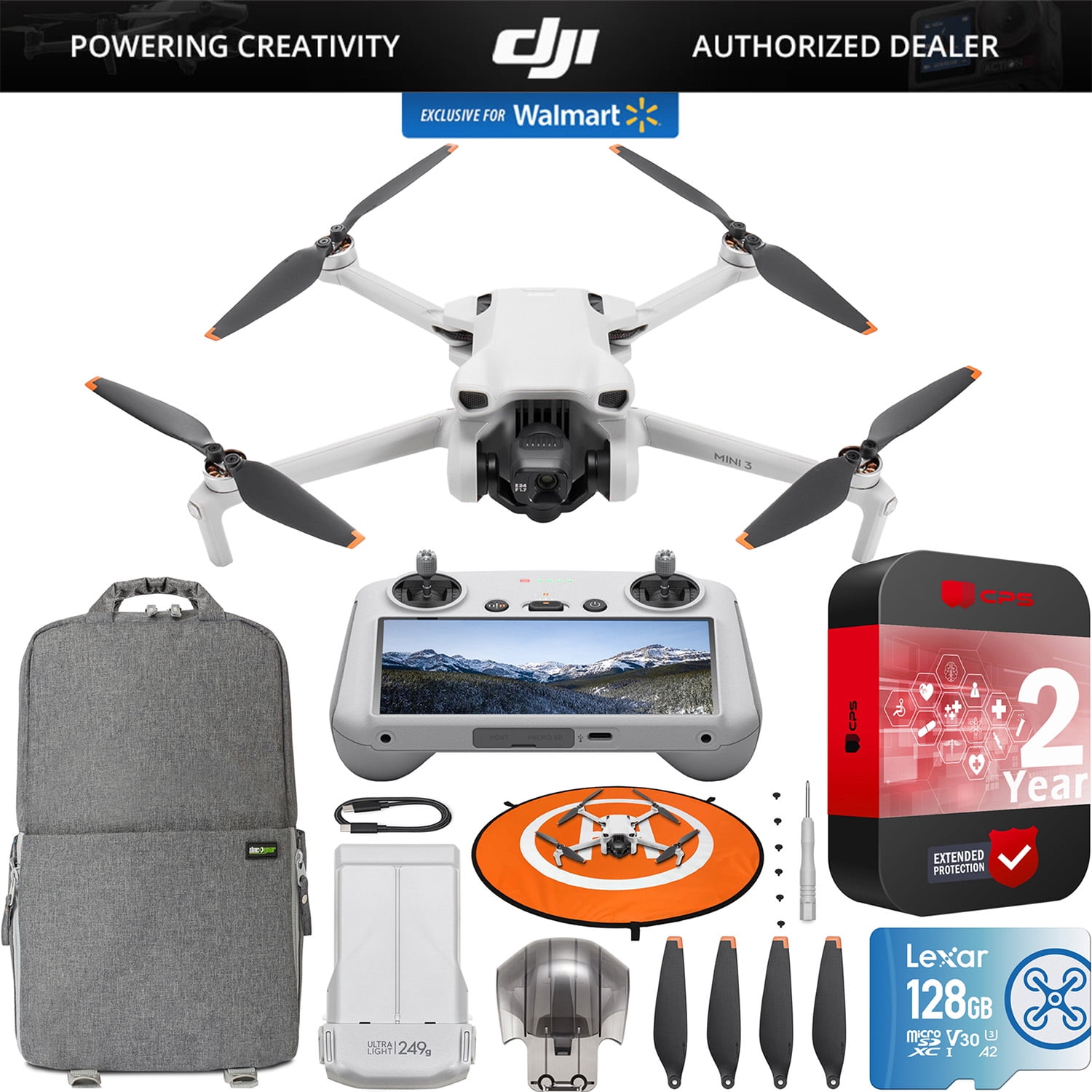 DJI Mini 3 Camera Drone Quadcopter with RC Smart Remote (With Screen), 4K Video, 38min Flight Time, True Vertical Shooting, Intelligent Modes Bundle with Deco Gear Backpack + 128GB Card & Accessories