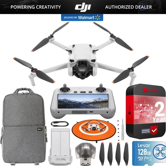 DJI Mini 3 Camera Drone Quadcopter with RC Smart Remote (With Screen), 4K Video, 38min Flight Time, True Vertical Shooting, Intelligent Modes Bundle with Deco Gear Backpack + 128GB Card & Accessories