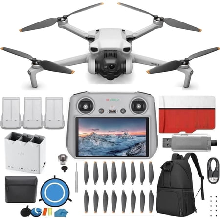DJI Mini 3 Drone (DJI RC) - & Fly More Kit Lightweight and Foldable 34-min Flight Time Camera Drone Bundle with Built in Monitor, with 128 GB SD, 3.0 USB Card Reader, Landing Pad, Backpack and More