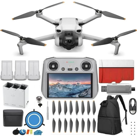 DJI Mini 3 Drone (DJI RC) - & Fly More Kit Lightweight and Foldable 34-min Flight Time Camera Drone Bundle with Built in Monitor, with 128 GB SD, 3.0 USB Card Reader, Landing Pad, Backpack and More