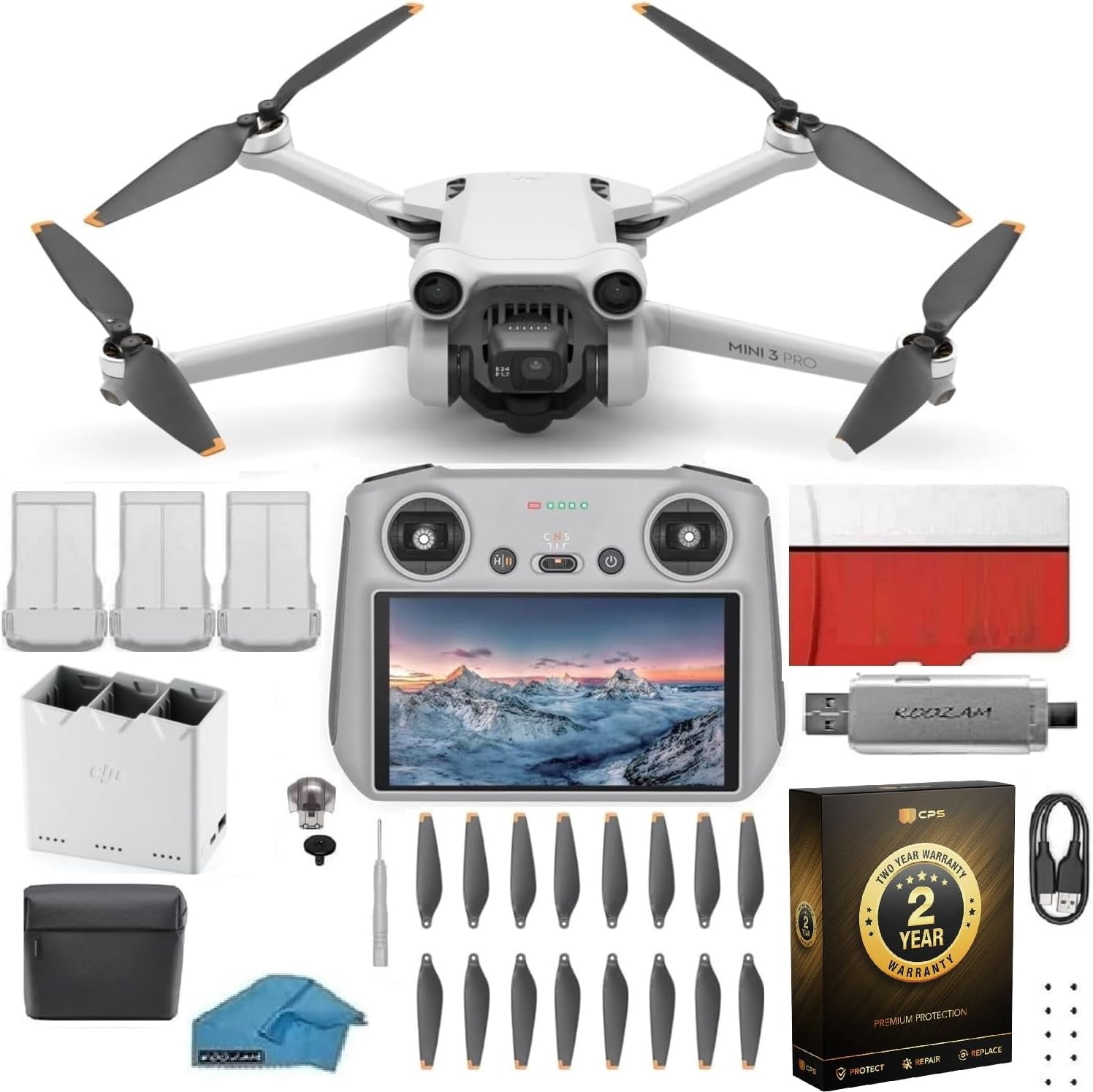 DJI Mini 3 Drone with DJI RC Remote (Built-In Screen), 4K Camera, 38-Min Flight Time, Fly More Combo Bundle with 128GB SD Card, USB 3.0 Reader & 2-Year Warranty