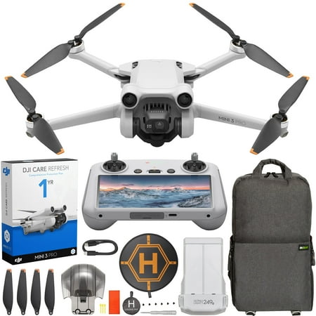 DJI Mini 3 Pro Camera Drone Quadcopter with RC Smart Remote Controller with 4K Video, 48MP Photo, DJI Care Refresh 1YR Plan Bundle with Deco Gear Backpack + Foldable Landing Pad with Case