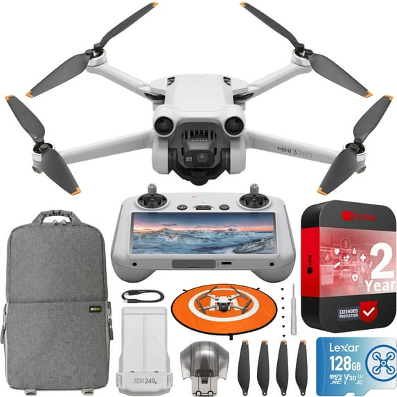 DJI Mini 3 Pro Camera Drone Quadcopter + RC Smart Remote (With Screen) 4K/60fps Video, 48MP, 34min Flight Time, Tri-Directional Obstacle Sensing Bundle w/ Deco Gear Backpack + 128GB Card &Accessories