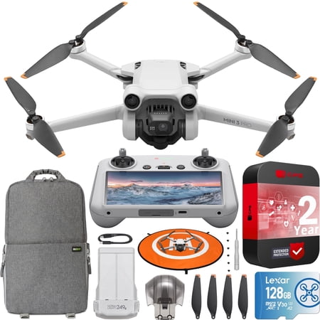 DJI Mini 3 Pro Camera Drone Quadcopter + RC Smart Remote (With Screen) 4K/60fps Video, 48MP, 34min Flight Time, Tri-Directional Obstacle Sensing Bundle w/ Deco Gear Backpack + 128GB Card &Accessories