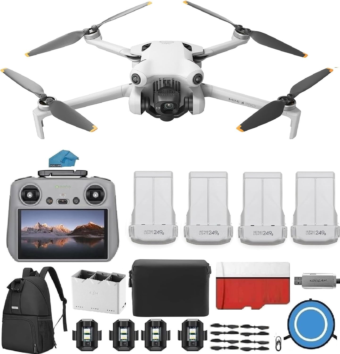 DJI Mini 4 Pro Drone Fly More Combo with RC 2 Controller (With Screen) Folding Drone with 4K Video, Under 249g, Vision Sensing 4 Batteries Bundle with 128GB Memory Card, + Pilot Kit
