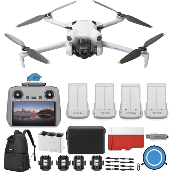 DJI Mini 4 Pro Drone Fly More Combo with RC 2 Controller (With Screen) Folding Drone with 4K Video, Under 249g, Vision Sensing 4 Batteries Bundle with 128GB Memory Card, + Pilot Kit