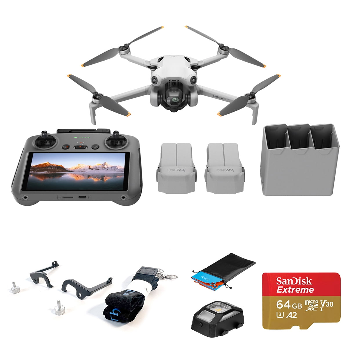 DJI Mini 4 Pro Drone Fly More Combo, Bundle with Claw Lanyard Mounting System, Landing Pad, Strobe Light and 64GB Memory Card