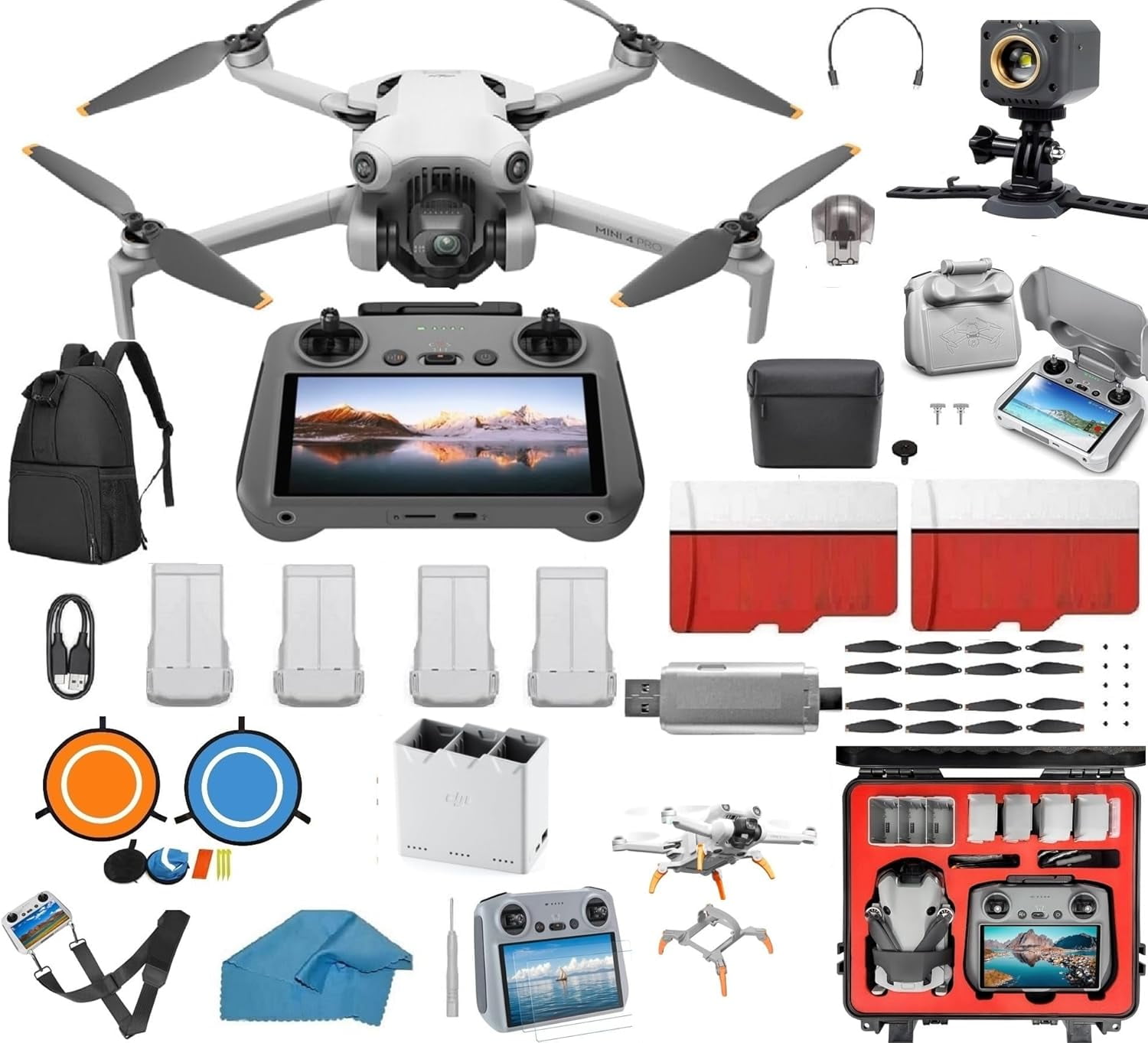 DJI Mini 4 Pro Drone Mega 4 Battery Bundle Kit Drone with Camera, with DJI RC2, Search and rescue Light, with 2 SD Cards 128 GB, Waterproof HardCase , 3.0 USB Card Reader, Landing Pad, Backpack