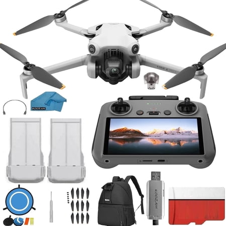DJI Mini 4 Pro Drone with RC 2 Controller (With Screen) Folding Drone with 4K Video, Under 249g, Vision Sensing 2 Batteries Bundle with 128GB Memory Card, + Pilot Kit