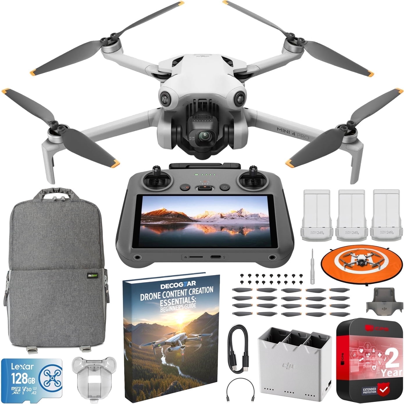 DJI Mini 4 Pro Folding Drone with RC 2 Remote (Screen) Fly More Combo, 4K Video Camera, Under 249g, 3 Battery Bundle with Deco Gear Backpack + Content Creation Beginner's Guide & Accessories