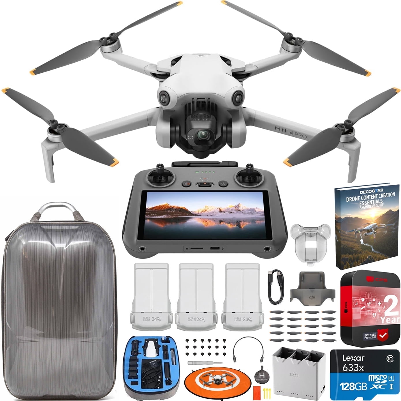 DJI Mini 4 Pro Folding Drone with RC 2 Remote (Screen) Fly More Combo, 4K Video Camera, Under 249g, 3 Battery Bundle with Deco Gear Hard Case Backpack +Content Creation Beginner's Guide & Accessories