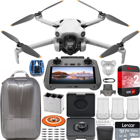 DJI Mini 4 Pro Folding Drone with RC 2 Remote (With Screen) Fly More Combo, 4K HDR Video Camera, Under 249g, Omni Sensing, 3 Batteries Bundle with Wide-Angle Lens + Deco Gear Hard Case & Accessories