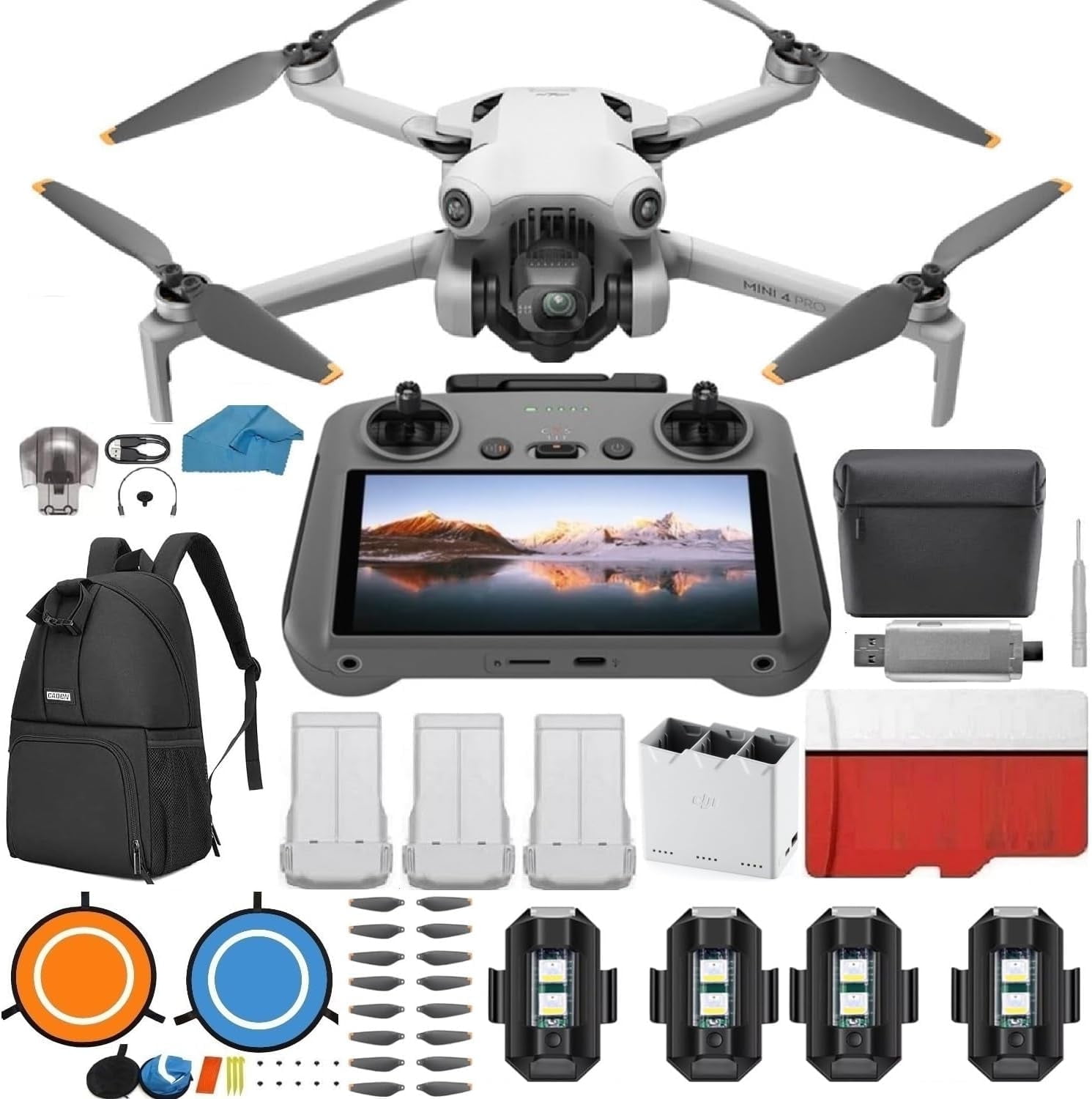 DJI Mini 4 Pro Folding Drone with RC 2 Remote (With Screen) Fly More Combo, 4K HDR Video Camera for Adults, Under 249g, 3 Batteries Bundle with 128 gb SD Card Strobe Lights an