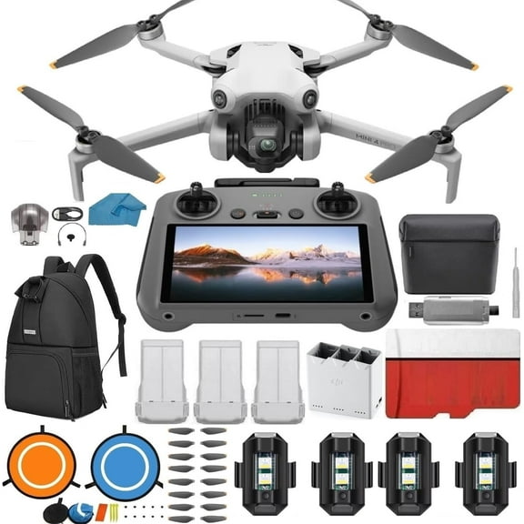 DJI Mini 4 Pro Folding Drone with RC 2 Remote (With Screen) Fly More Combo, 4K HDR Video Camera for Adults, Under 249g, 3 Batteries Bundle with 128 gb SD Card Strobe Lights an