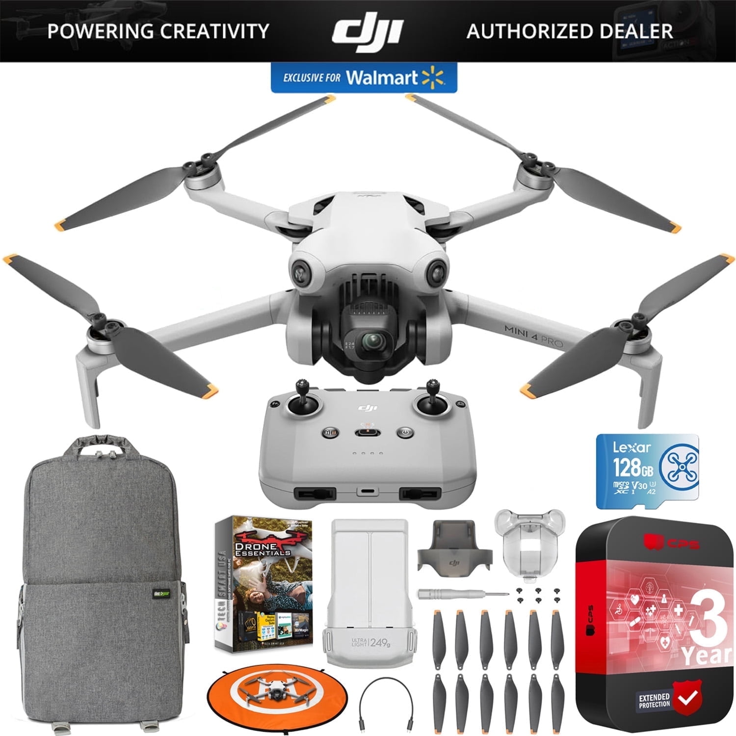 DJI Mini 4 Pro Folding Drone with RC-N2 Remote (No Screen) 4K HDR Video, Under 249g, 34 Mins Flight Time, Omnidirectional Vision Sensing Bundle with 3 Year CPS Extended Warranty & Accessories