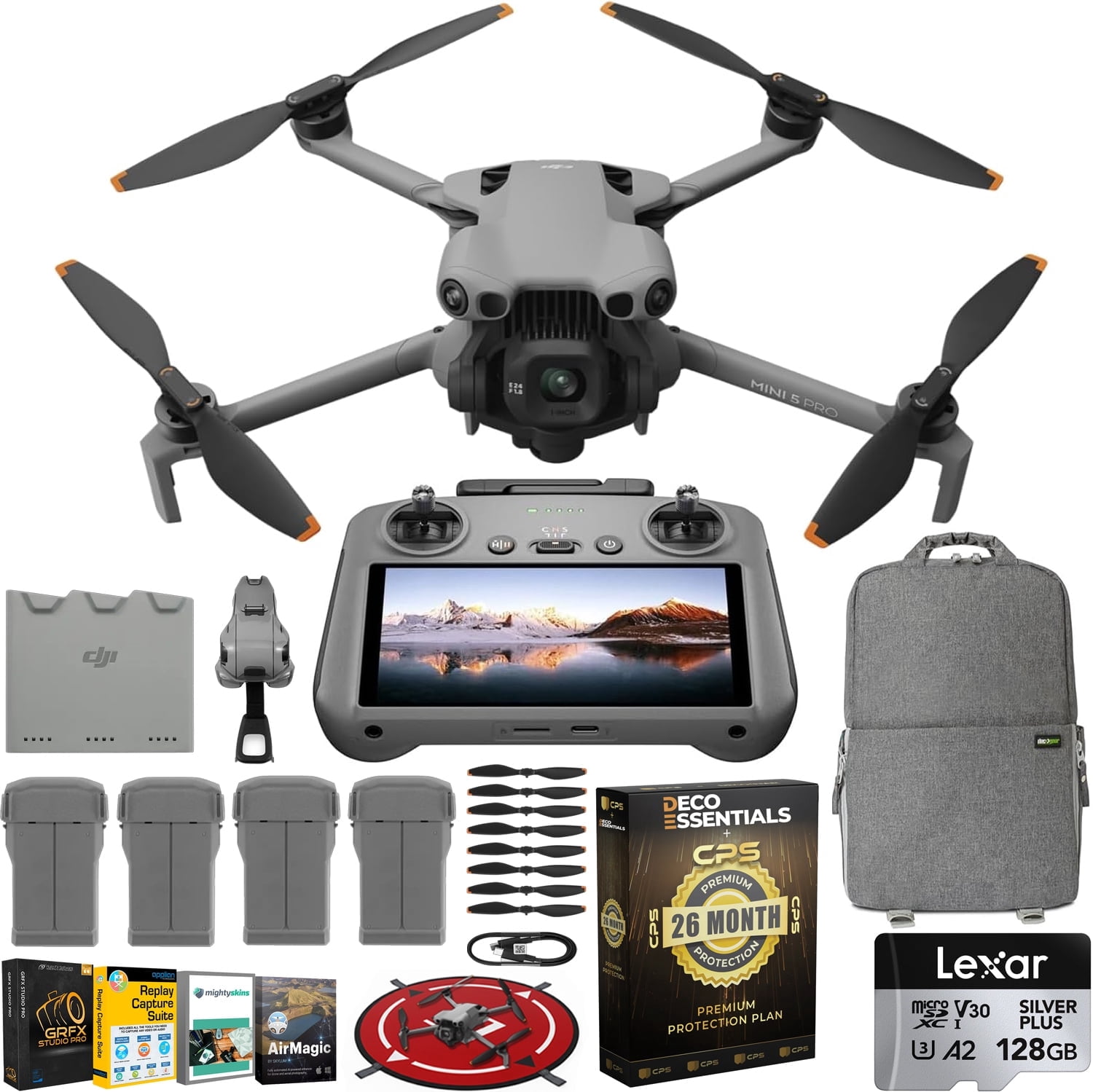 DJI Mini 5 Pro Drone CA Fly More Combo (RC 2) 1" CMOS Sensor, 4K Video, Obstacle Sensing, 4 Battery Bundle with Deco Essentials CPS Exclusive 26 Month Protection Pack, Software & Accessory Kit