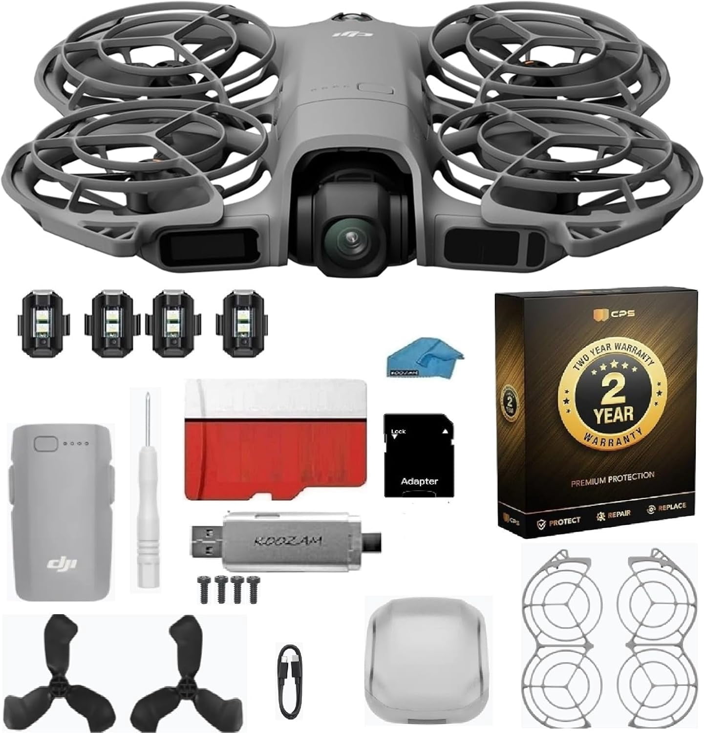 DJI Neo 2 with 2-Year Extended Warranty Bundle | 4K Camera Drone, Palm Takeoff & Gesture Control, 128GB MicroSD, USB 3.0 Reader & Strobe Lights