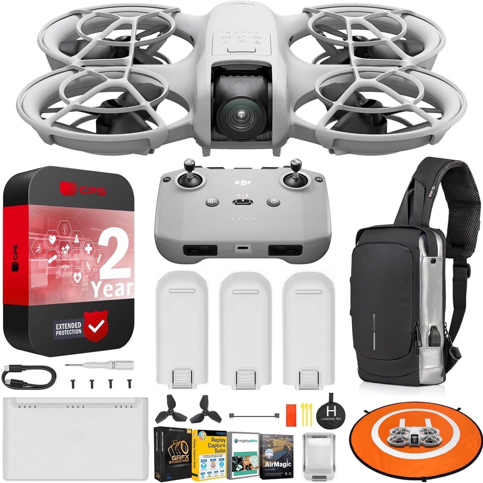 DJI Neo Drone Fly More Combo With 3 Batteries and RC-N3 Remote Bundle with 2 YR CPS Extended Warranty, Tech Smart USA Drone Essentials Plus Software Bundle, Landing Pad & Backpack