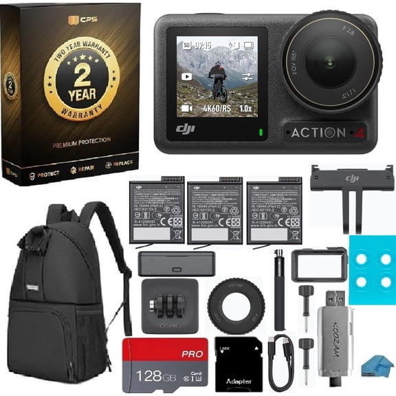 DJI Osmo Action 4 Adventure Combo - 4K/120fps Waterproof Action Camera with 128GB MicroSD Card, 3 Batteries, 1.5m Extension Rod, Card Reader, Backpack & 2-Year Warranty