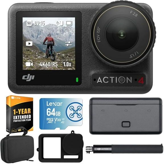 DJI Osmo Action 4 Adventure Combo with 64GB Pro Accessory Bundle and 1 YR Warranty